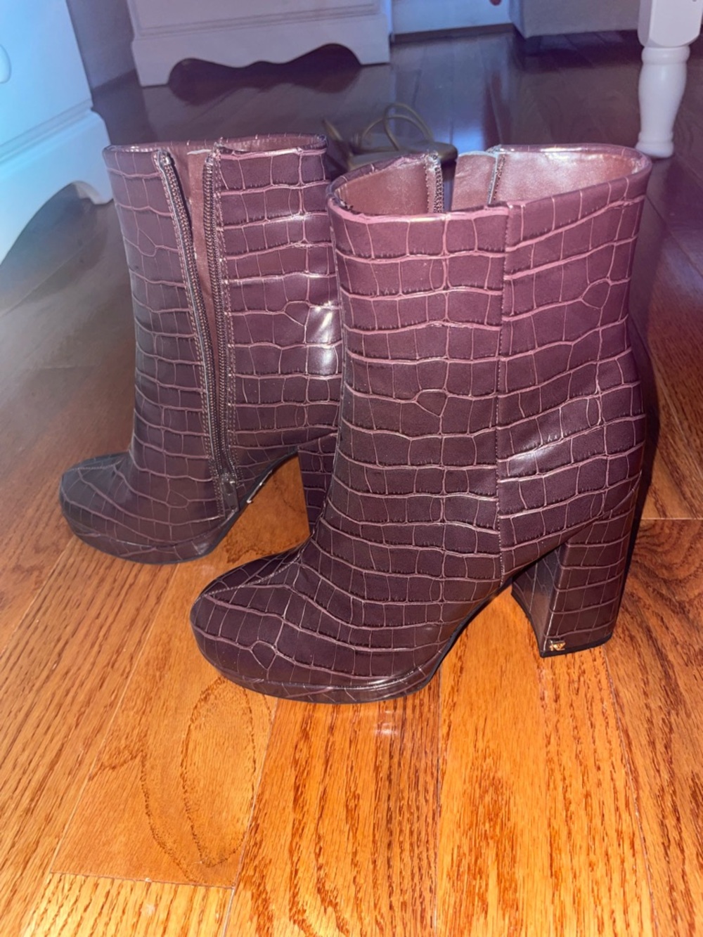 Rachel Zoe Croc-Embossed Block Heel Ankle Boots in Deep Plum